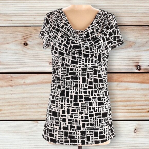 Ricki's Black Geometric Design Short Sleeve Top with Draped Neckline - Size M - Picture 1 of 2